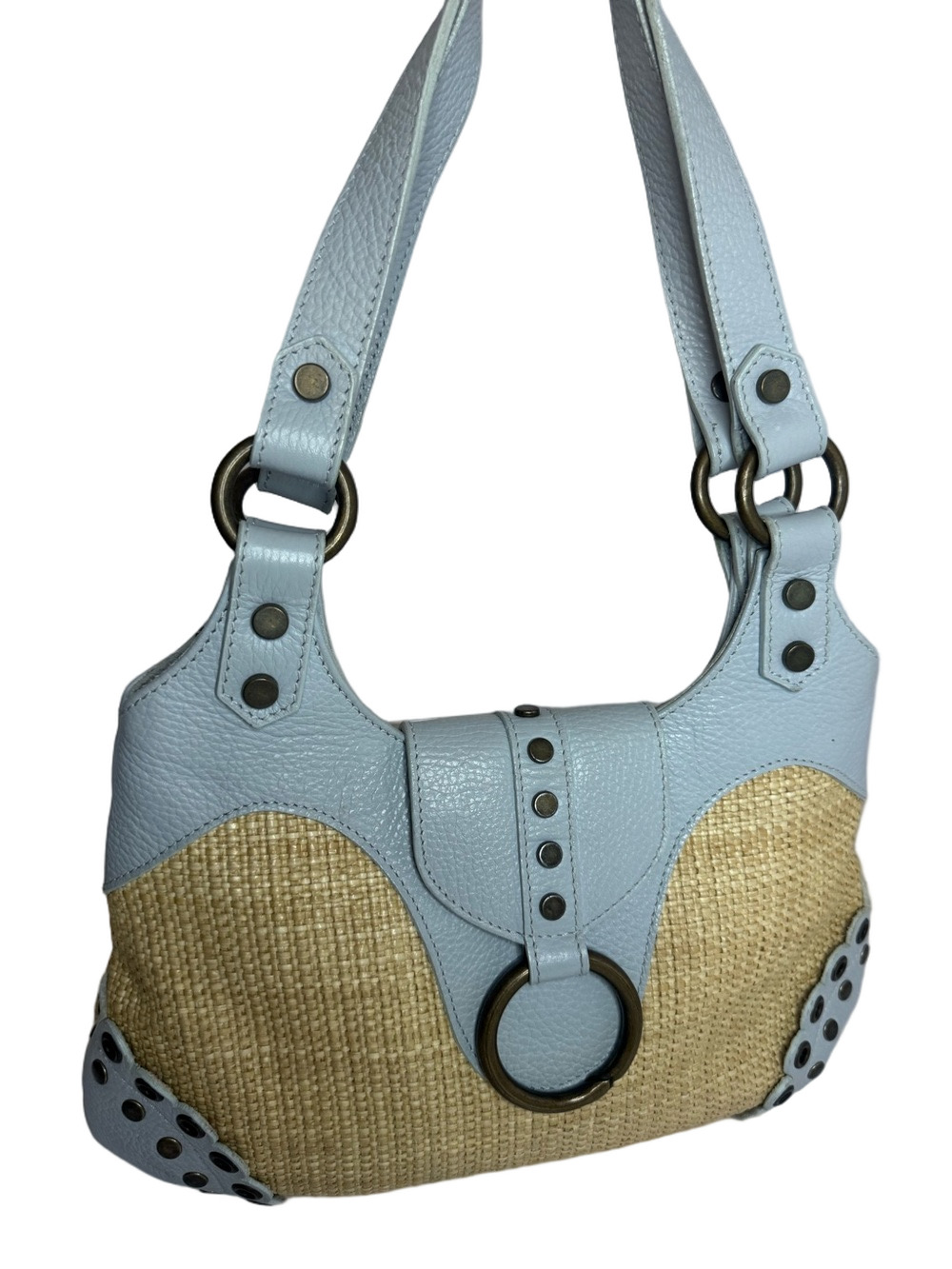 #352 Tanner Made in Italy Light Blue Leather & Natural Straw Shoulder Bag